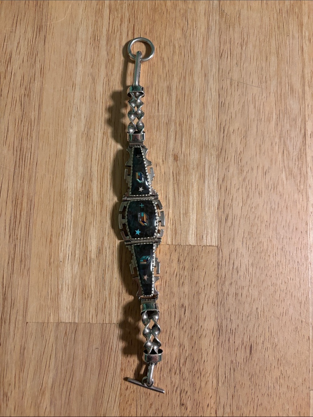 Native American Sterling Silver Inlay Bracelet with Black and Teal Inlay